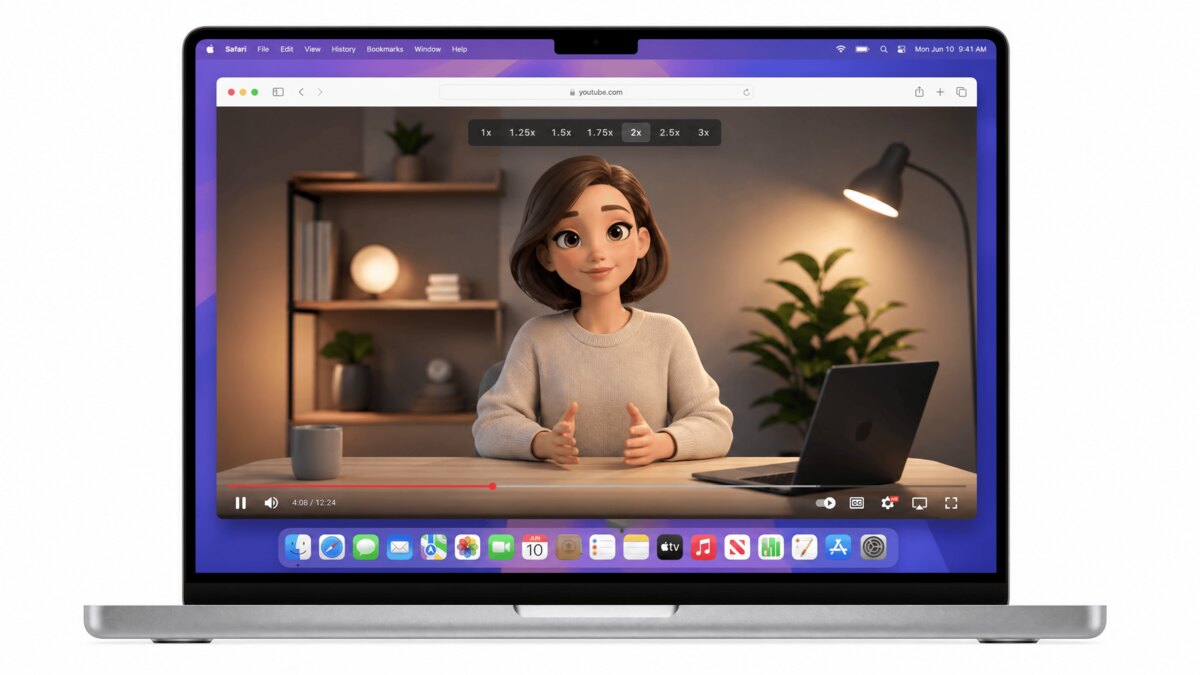 Safari showing Hover speed controls over a YouTube video